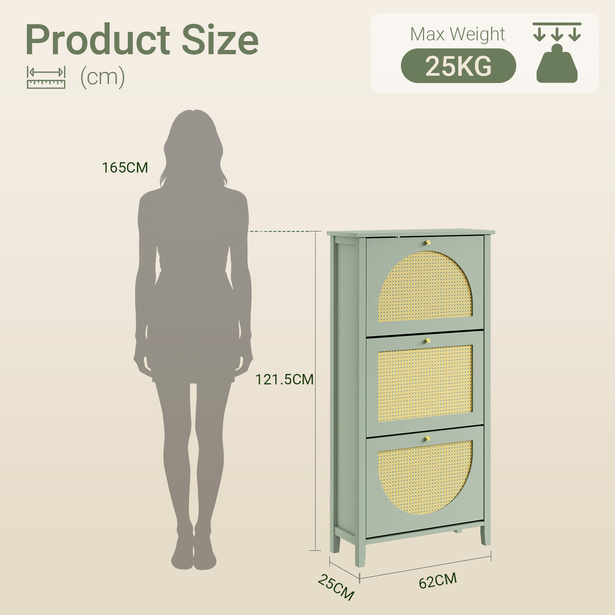 SoBuy FSR222-GR Armoire à Chaussures 3 Abattants en Rotin – 12 à 18 Paires, Style Scandinave – 62×25×121 cm, Vert