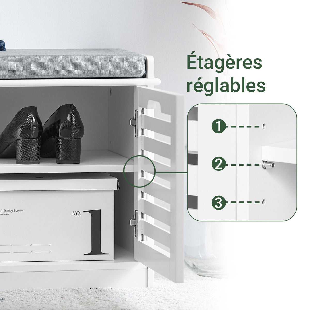 SoBuy FSR23-II-W Banc à Chaussures avec Coussin Rembourré, 2 Portes et 4 Compartiments Ouverts pour Entrée – 71x35x43 cm, Blanc