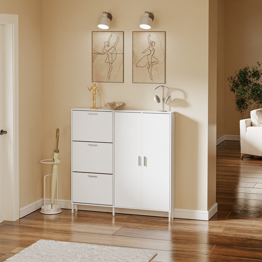 SoBuy FSR231-W Meuble à Chaussures en Bois 2 Portes – Armoire à Chaussures Mince avec Abattants pour Entrée, Blanc Mat – 115,5×14,5×117 cm, Charge 58 kg