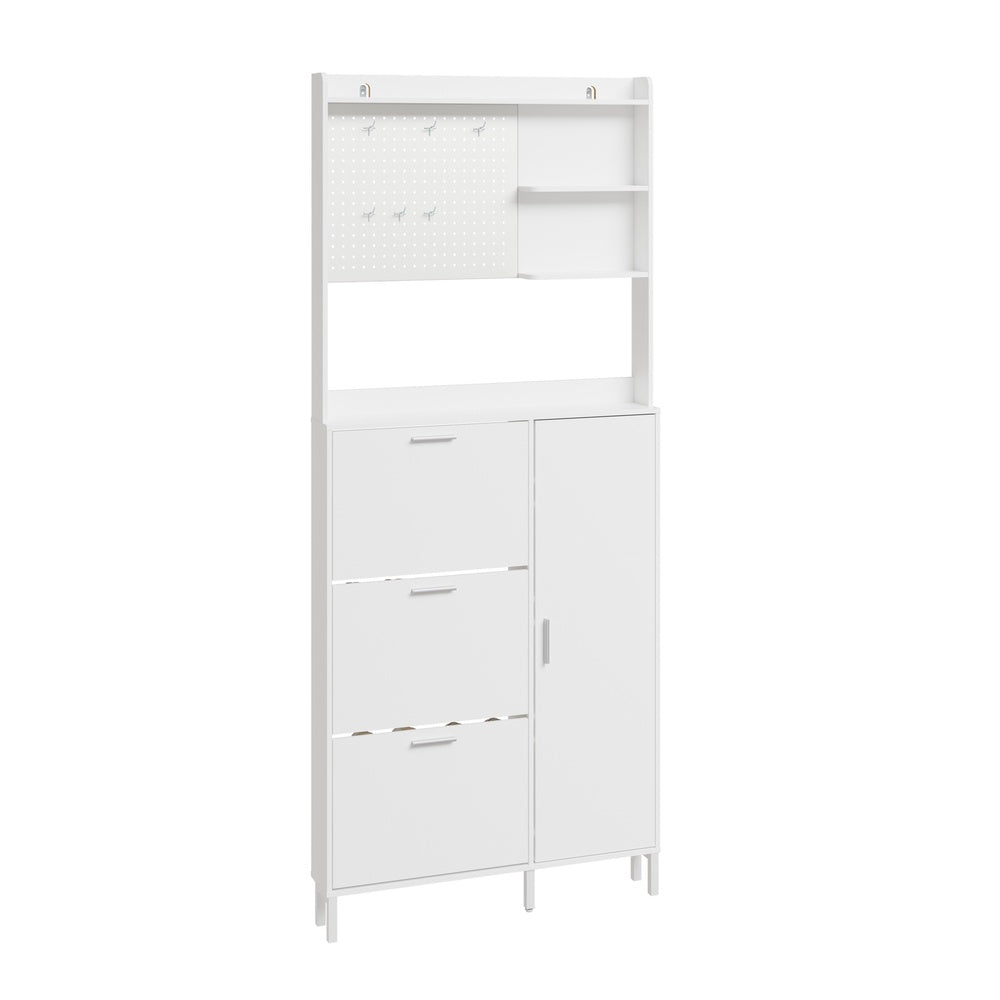 SoBuy FSR232-W Meuble à Chaussures Blanc 12 Paires – Armoire à Chaussures Étroite 14 cm, 3 Tiroirs Basculants et 1 Porte, Panneau Perforé et 6 Crochets – 83×14×197 cm, Charge 70 kg