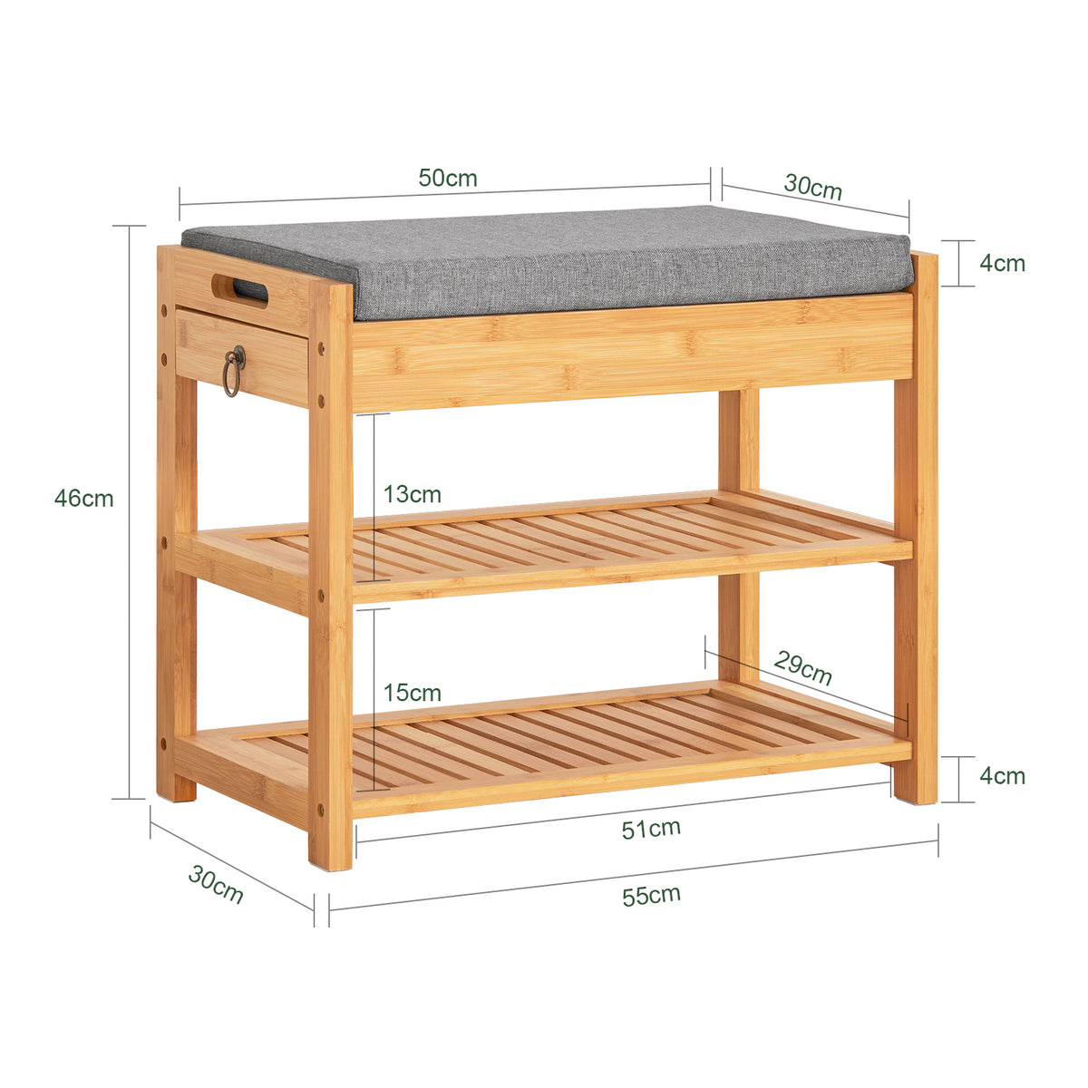 SoBuy FSR49-N Banc à Chaussures en Bambou Massif avec Coussin 8 cm, 2 Étagères et Tiroir – Charge 150 kg – Naturel