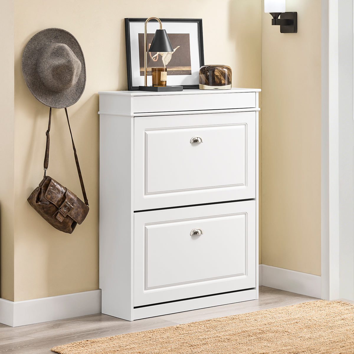 SoBuy FSR177-H-W Meuble à Chaussures Armoire à Chaussures Meuble Rangement Chaussures 3 Portes Abattantes Meuble Dentree Coffre Rangement Pour Chaussures Blanc