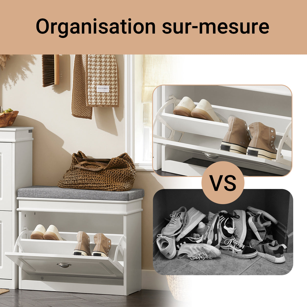 SoBuy FSR82-K-W Banc à chaussures avec assise 60 cm coussin rembourré et abattant slim 24 cm – Blanc FSC®