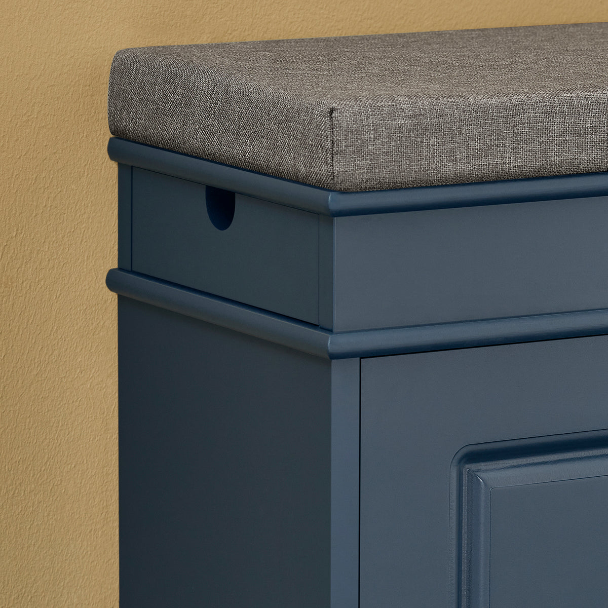 SoBuy FSR82-L-B Banc à Chaussures 75 cm avec Coussin Amovible, Abattant 2 Niveaux, Tiroir et Crochet, 150 kg, FSC® – Slim 24 cm, Bleu