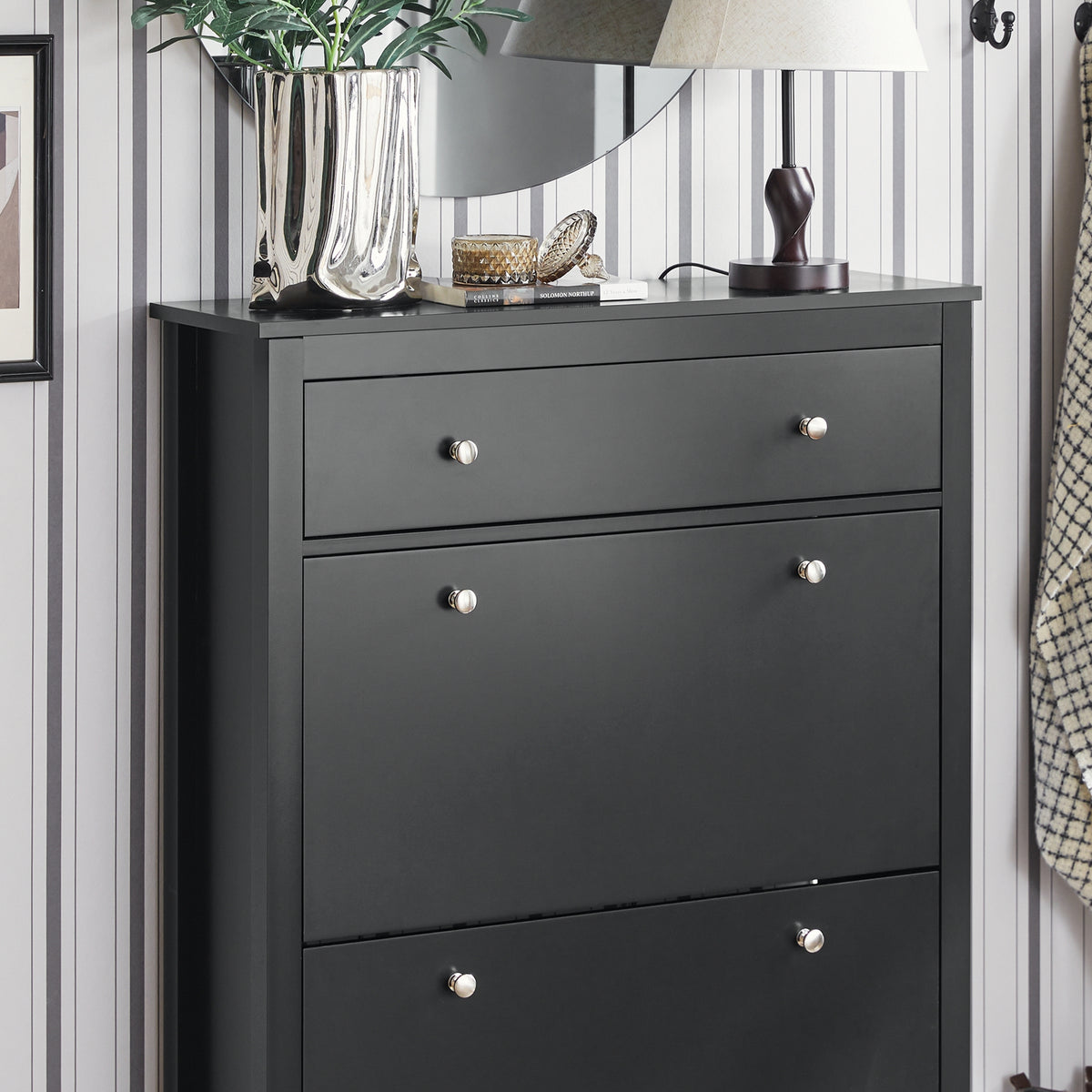 SoBuy FSR89-SCH Armoire à Chaussures 2 Abattants et Grand Tiroir, Rangement 12 Paires pour Entrée Couloir – 80x25x108 cm, Noir