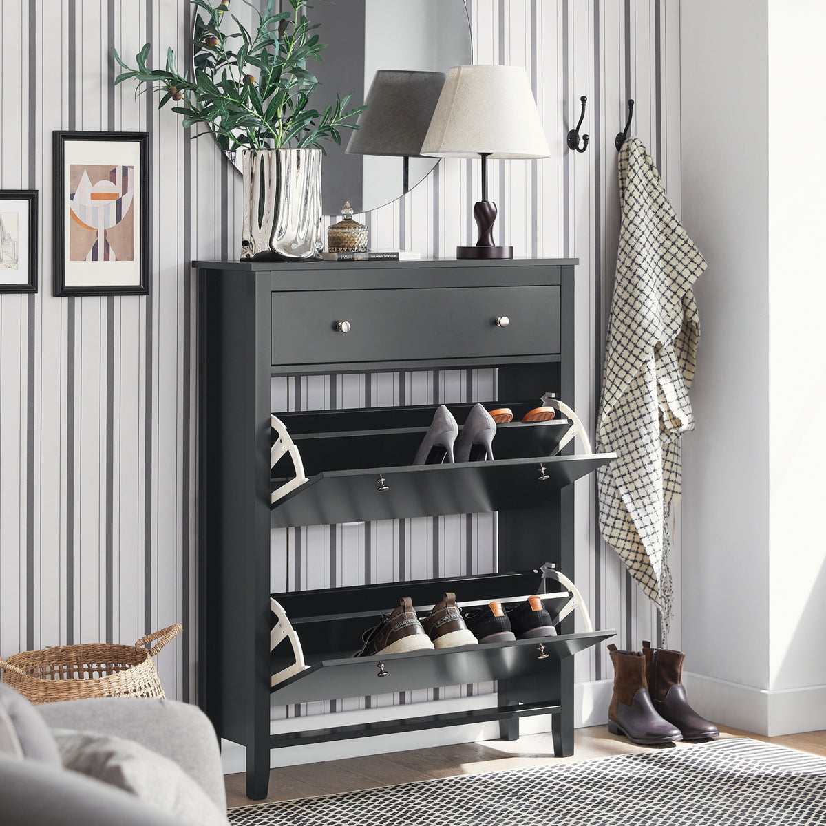 SoBuy FSR89-SCH Armoire à Chaussures 2 Abattants et Grand Tiroir, Rangement 12 Paires pour Entrée Couloir – 80x25x108 cm, Noir
