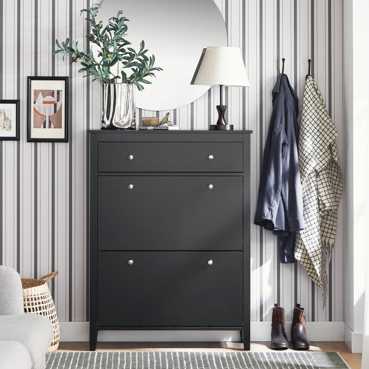 SoBuy FSR89-SCH Armoire à Chaussures 2 Abattants et Grand Tiroir, Rangement 12 Paires pour Entrée Couloir – 80x25x108 cm, Noir