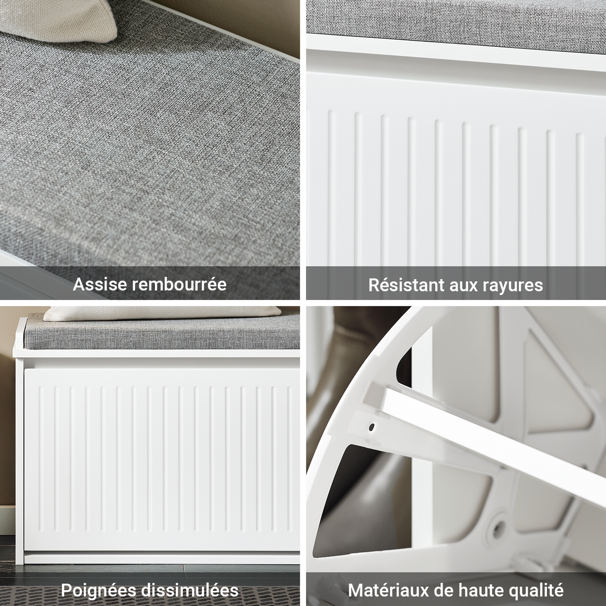 SoBuy FSR98-L-W Banc à Chaussures avec Coussin Rembourré et 1 Abattant pour Entrée Couloir – 80x26x45 cm, Blanc