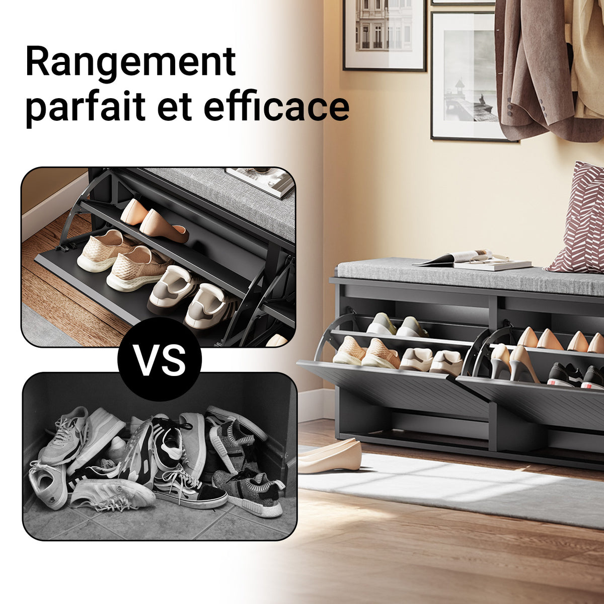 SoBuy FSR98-XL-SCH Banc à Chaussures avec Coussin et 2 Abattants – 100×26×46 cm, 158 kg, Noir