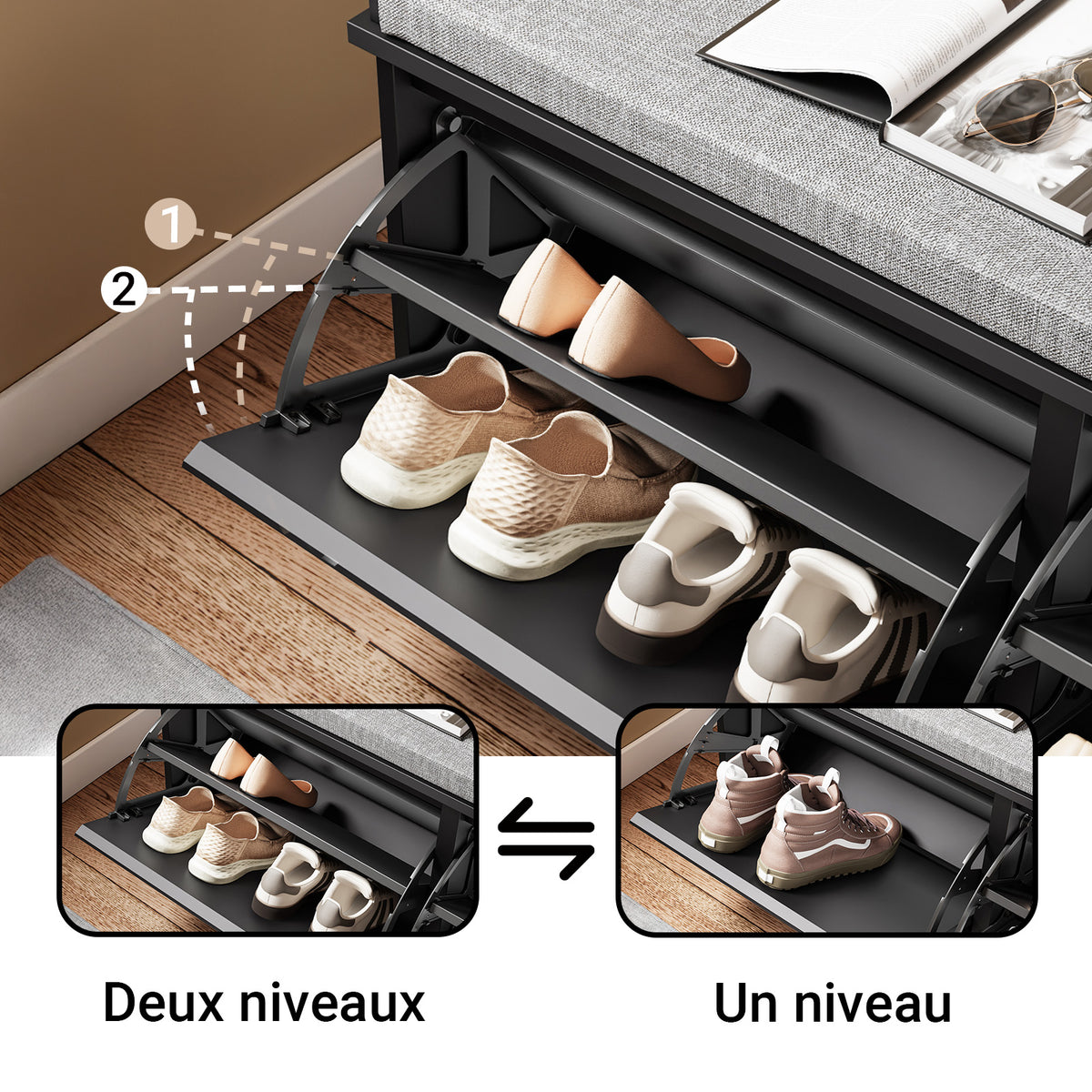 SoBuy FSR98-XL-SCH Banc à Chaussures avec Coussin et 2 Abattants – 100×26×46 cm, 158 kg, Noir