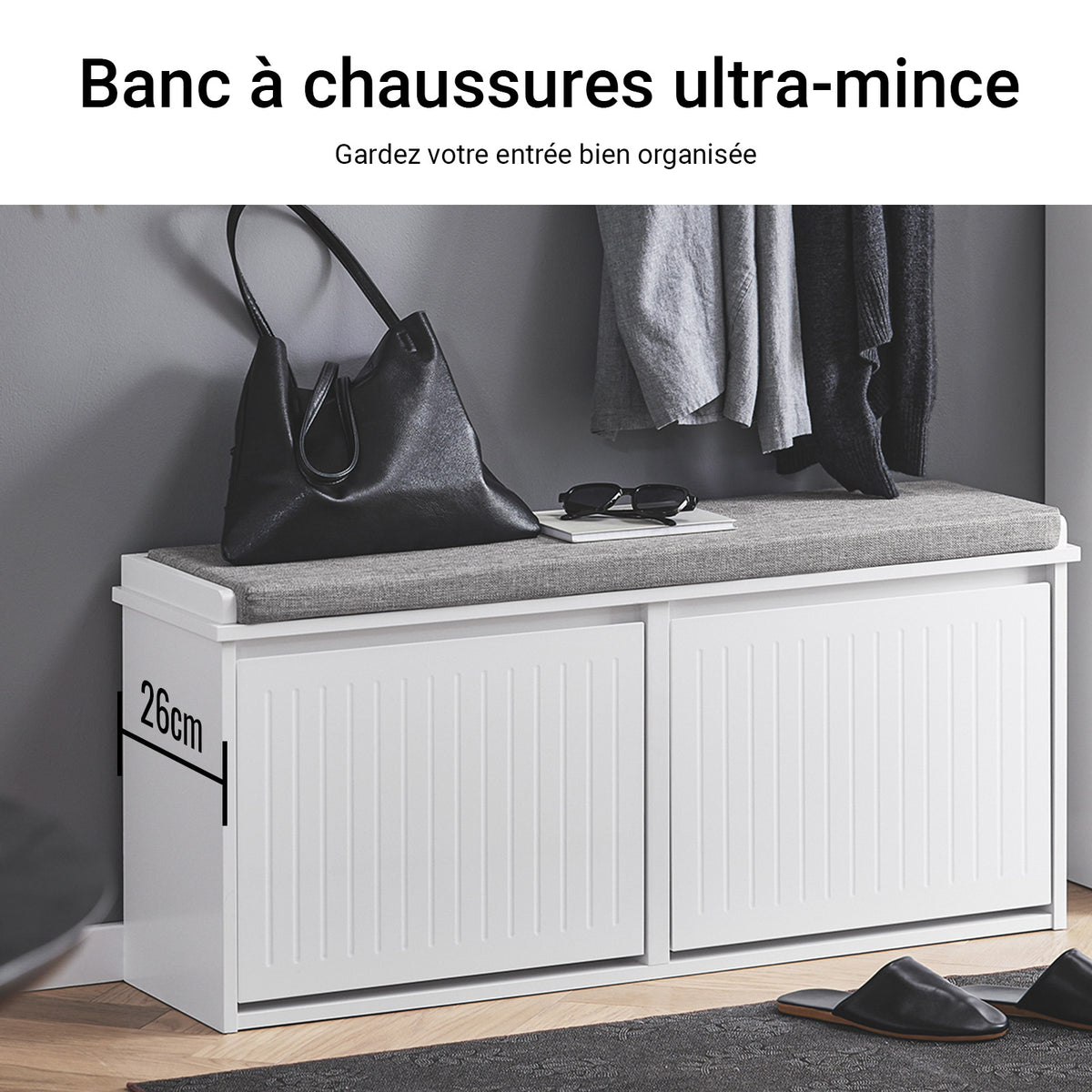 SoBuy FSR98-XL-W Banc à Chaussures avec Coussin Rembourré et 2 Abattants pour Entrée Couloir – 100x26x46 cm, Blanc