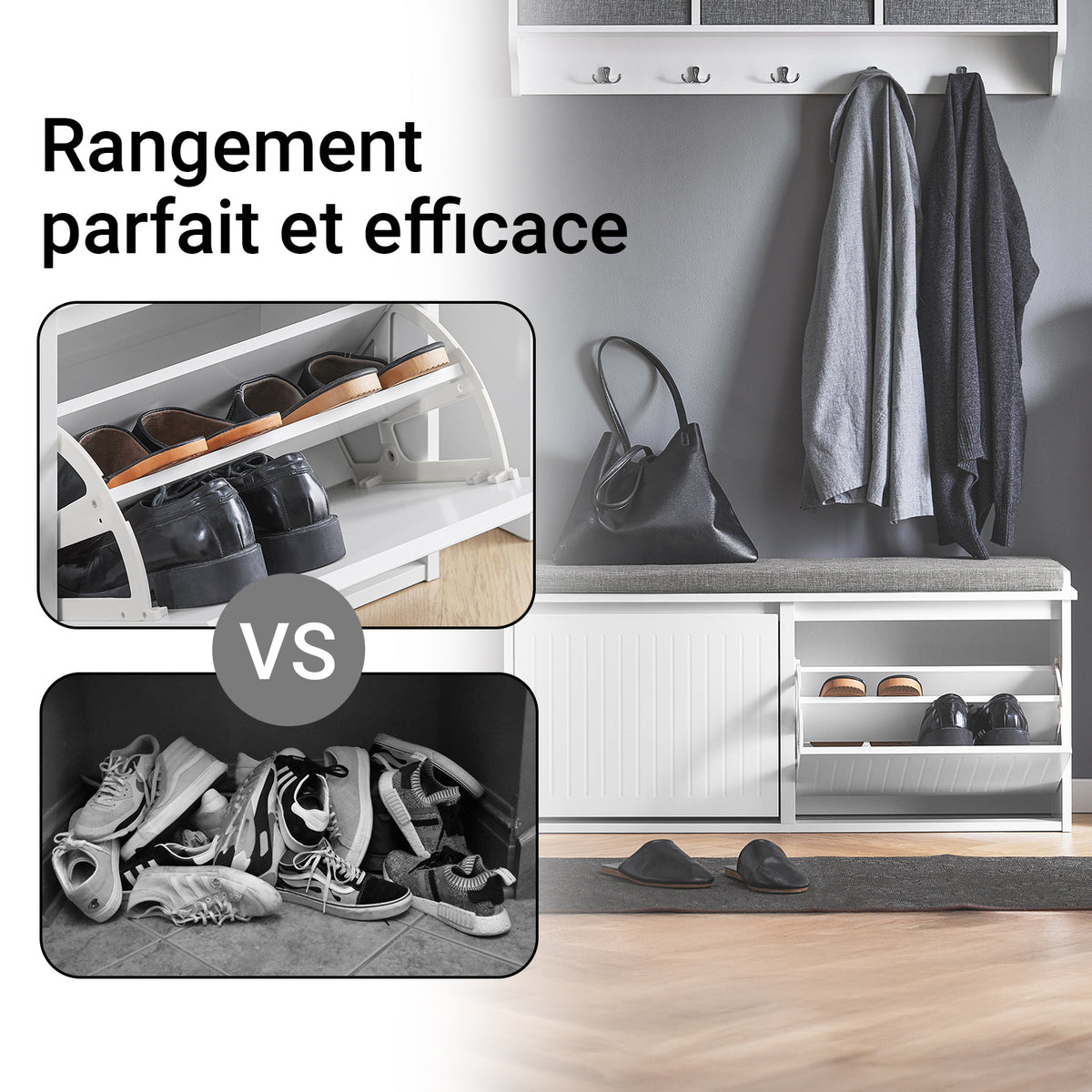 SoBuy FSR98-XL-W Banc à Chaussures avec Coussin Rembourré et 2 Abattants pour Entrée Couloir – 100x26x46 cm, Blanc