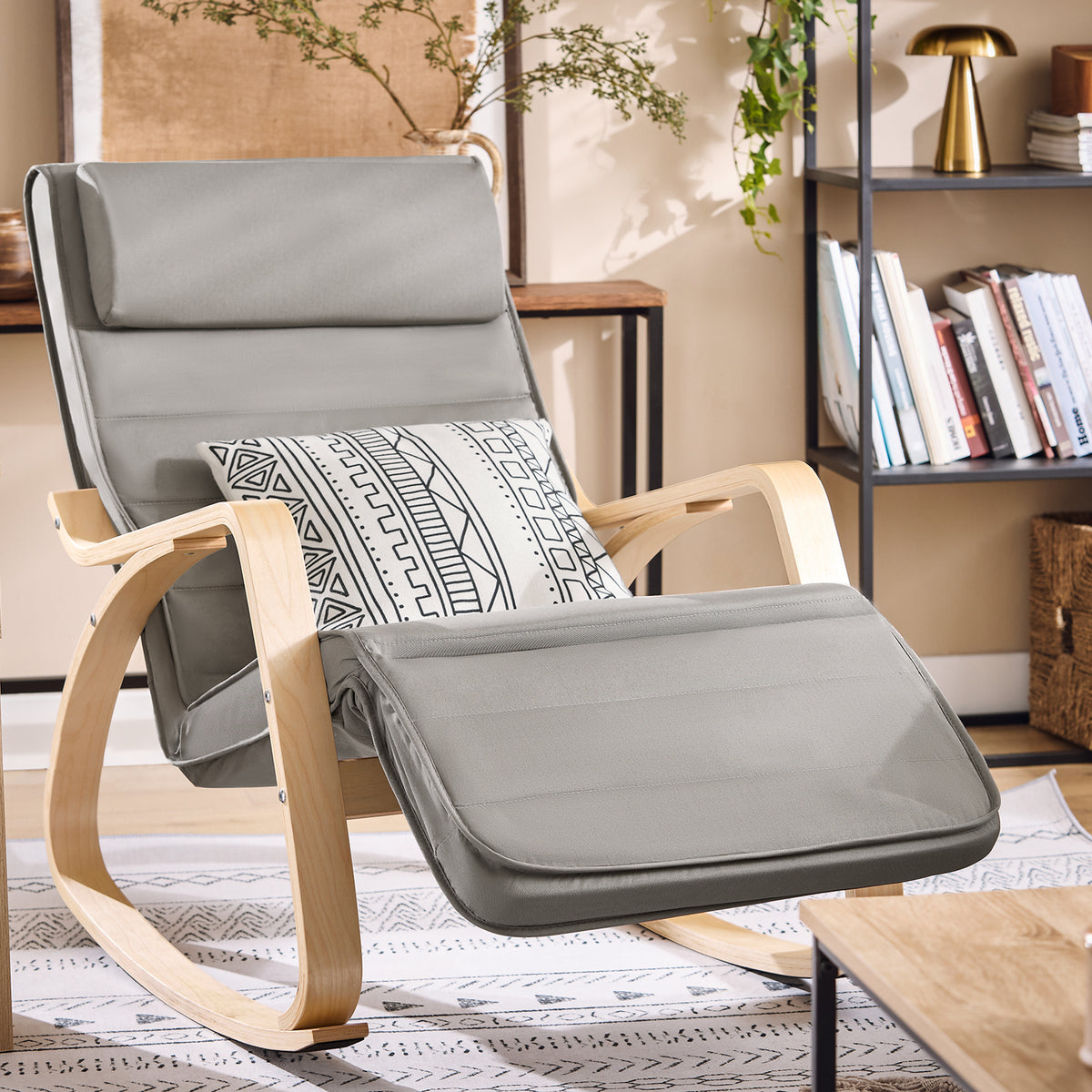 SoBuy FST16-DG Fauteuil a Bascule, Relax Rocking Chair, Chaise a Bascule avec Repose-Pieds et Appui-tête réglables, Gris