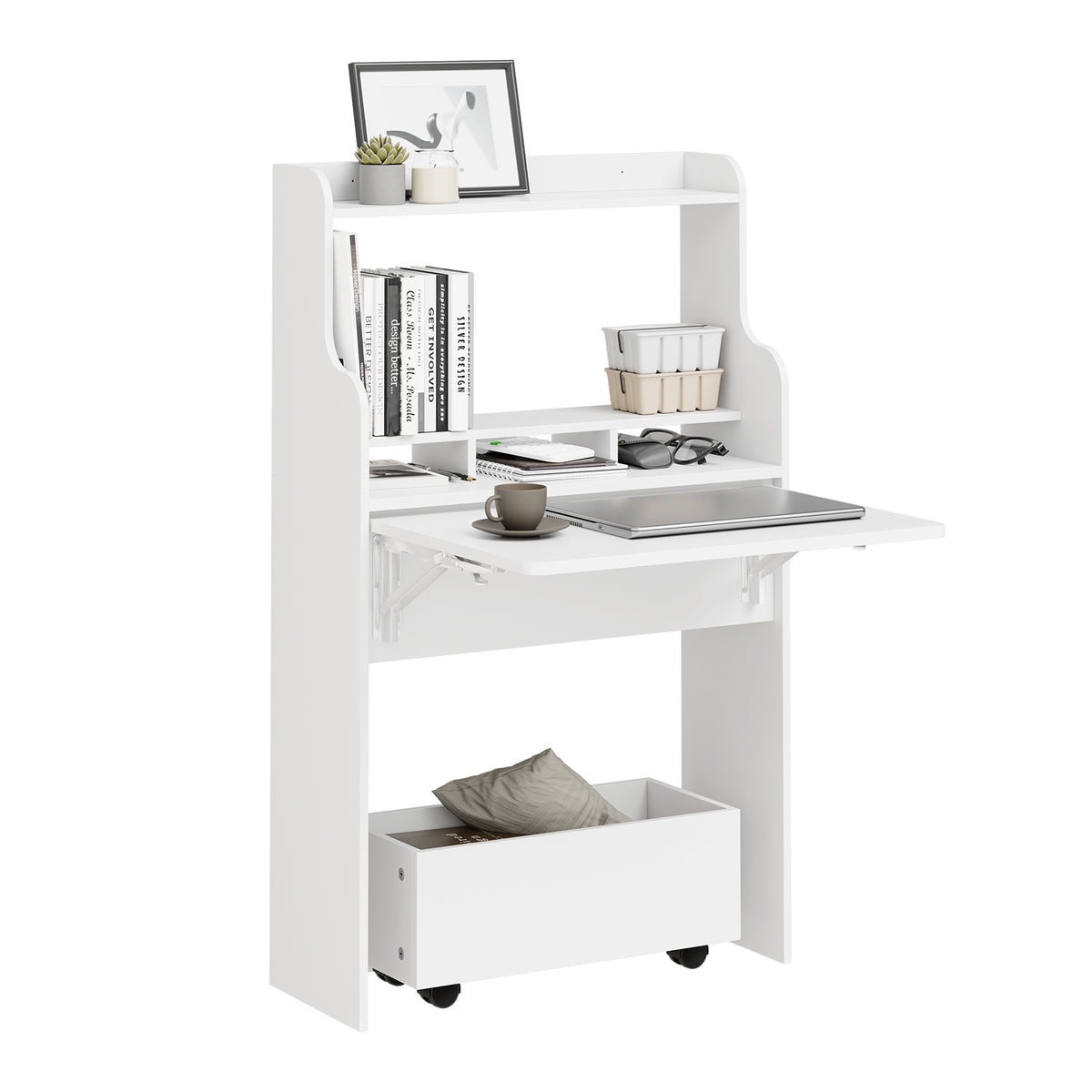 SoBuy FWT105-II-W Bureau Rabattable Ultra-fin 25 cm avec Étagères et Boîte Coulissante à Roulettes – Blanc, 64×25×100,6 cm