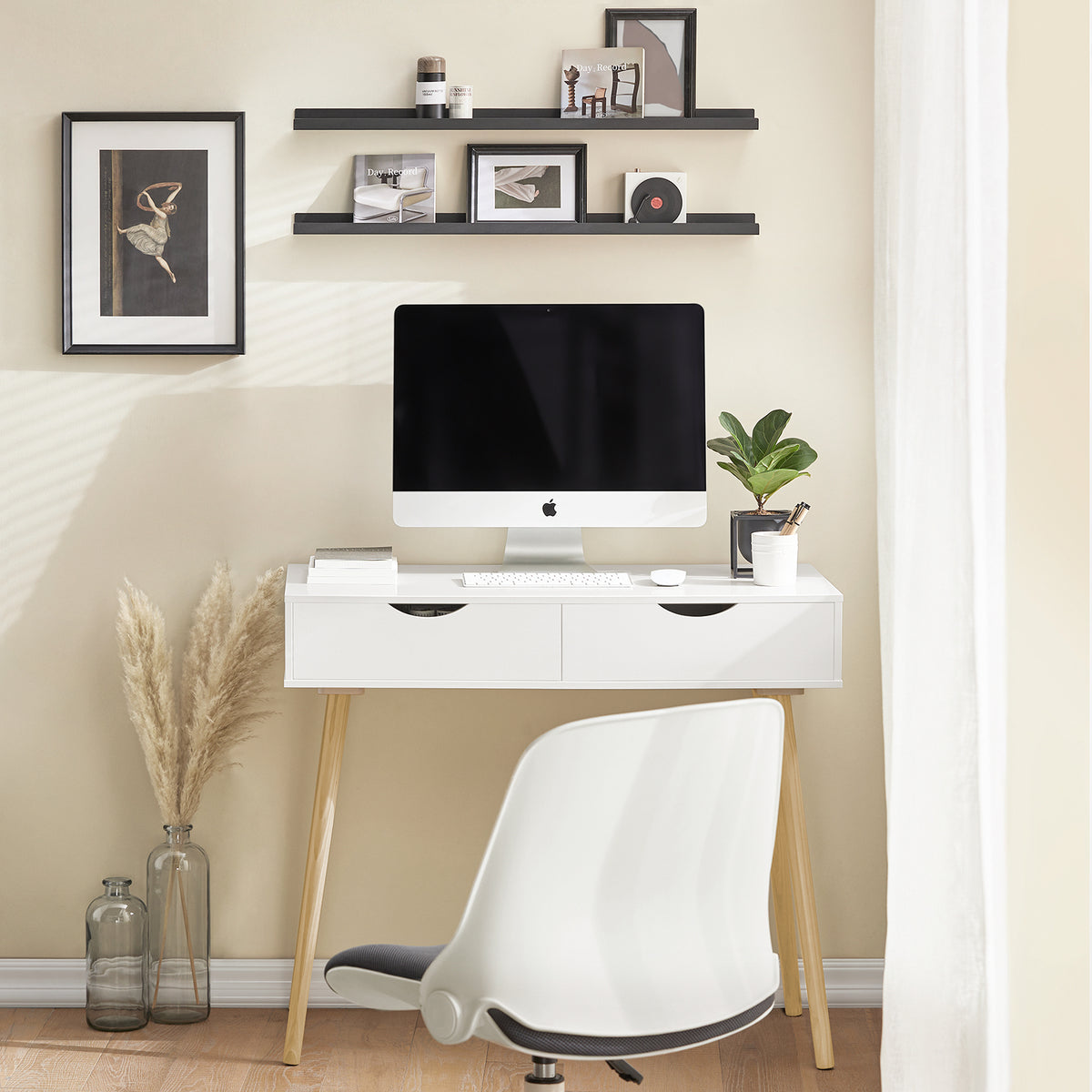 SoBuy FWT40-WN Table Bureau avec 2 Tiroirs Petit Bureau avec Rangement Desk Multifonctionnel pour Ordinateur et Chambre Blanc Naturel 90x45x77cm