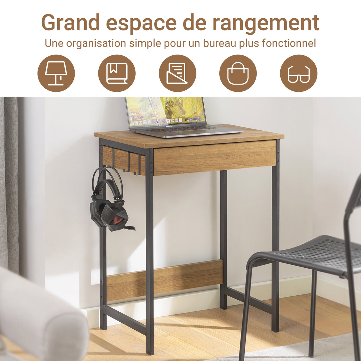 SoBuy FWT43-N Petit Bureau avec 1 Tiroir et 2 Crochets Bureau Gaming avec Etagères de Rangement Desk Multifonctionnel pour Chambre Table Gaming Naturel 60x40x77cm