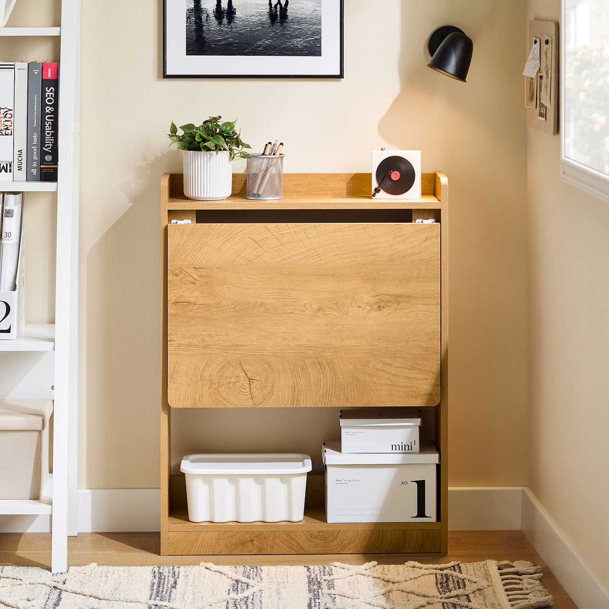 SoBuy FWT92-N Bureau Mural Pliant avec 3 Étagères Intégrées – 64×58×82 cm Déplié, 20 cm Plié, Charge 35 kg, Naturel