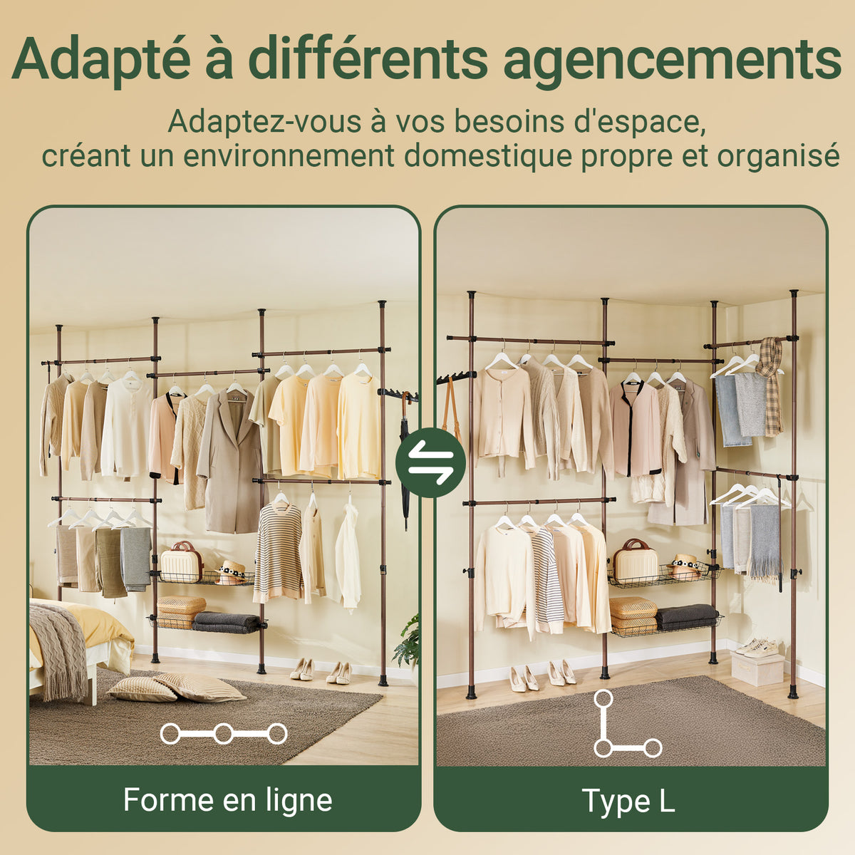 SoBuy KLS04-II-BR Portant à vêtements télescopique solide - Penderie ouverte réglable avec tringles et étagères, Porte manteau pour chambre/dressing, Marron