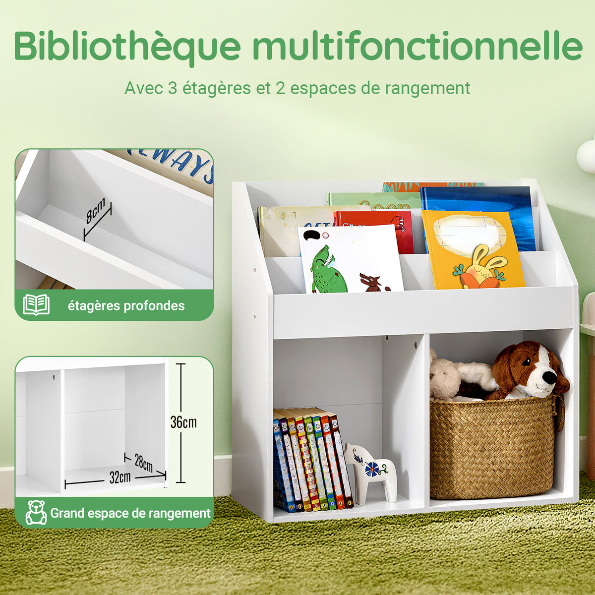 SoBuy KMB01-II-W Bibliothèque Enfant avec 3 Étagères, 2 Compartiments Ouverts, Coins Arrondis et Anti-Basculement – 68x30x68 cm, Blanc