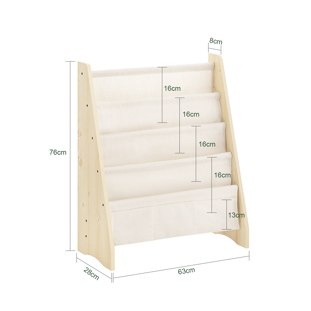 SoBuy KMB50-N Bibliothèque Enfant Meuble Rangement Jouet et Livres pour Chambre Enfant Étagère à Livre avec 4 Compartiments et 3 Poches Tissu Naturel 63x28x76cm