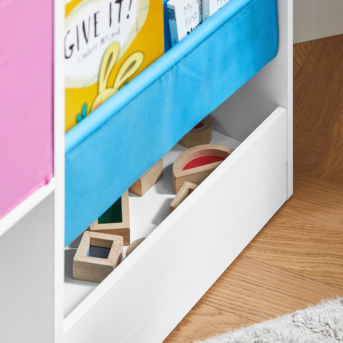 SoBuy KMB76-F Bibliothèque pour Enfants, Organisateur Jouets et Livres pour Enfants avec 2 Paniers, 5 Étagères et 1 Compartiment