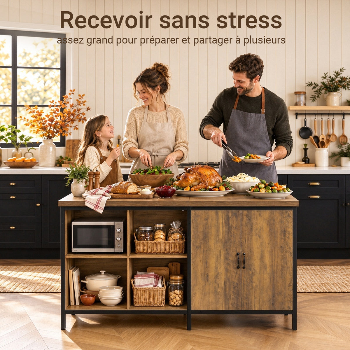 SoBuy KNL01-F Îlot de Cuisine 170 × 60 × 89 cm, 4 Niches et Placard à 2 Portes – Marron Vintage et Métal Noir