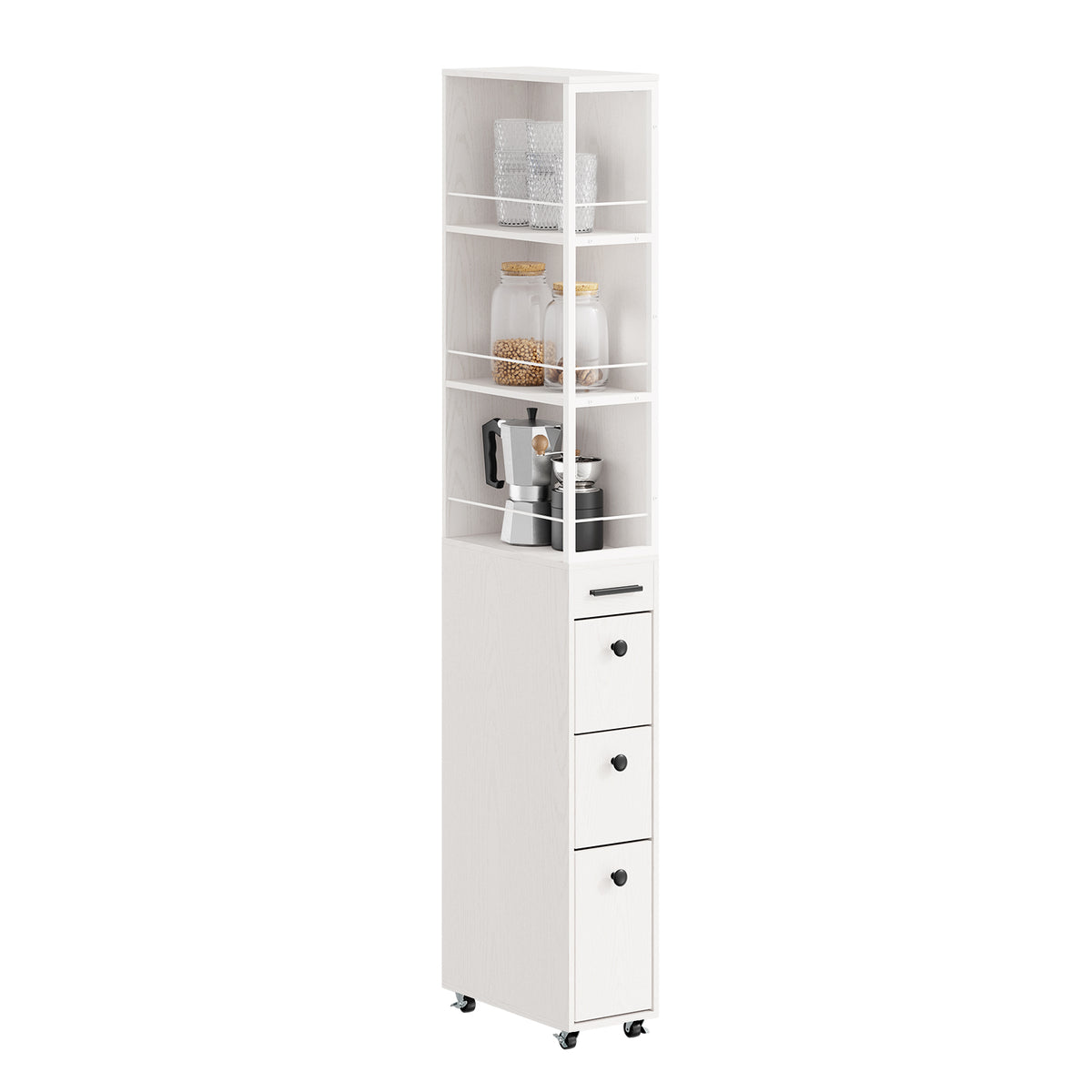 SoBuy NSR13-WG Chariot de Rangement Étroit 20 cm sur Roulettes, 170 cm de Haut, 3 Tiroirs et 3 Étagères, Barres Anti-chute –