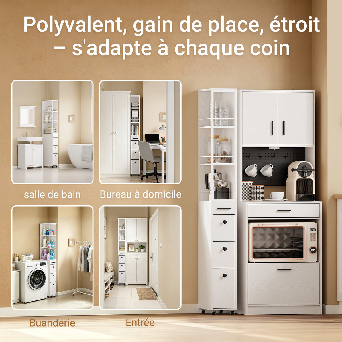 SoBuy NSR13-WG Chariot de Rangement Étroit 20 cm sur Roulettes, 170 cm de Haut, 3 Tiroirs et 3 Étagères, Barres Anti-chute – Blanc