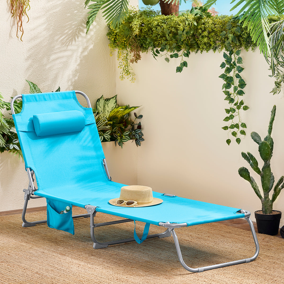 SoBuy OGS35-B Transat de Jardin Pliable avec Oreiller et Poche Latérale, Chaise Longue Relax, Confortable, Design Fonctionnel – L155×P56×H81 cm, Bleu Ciel