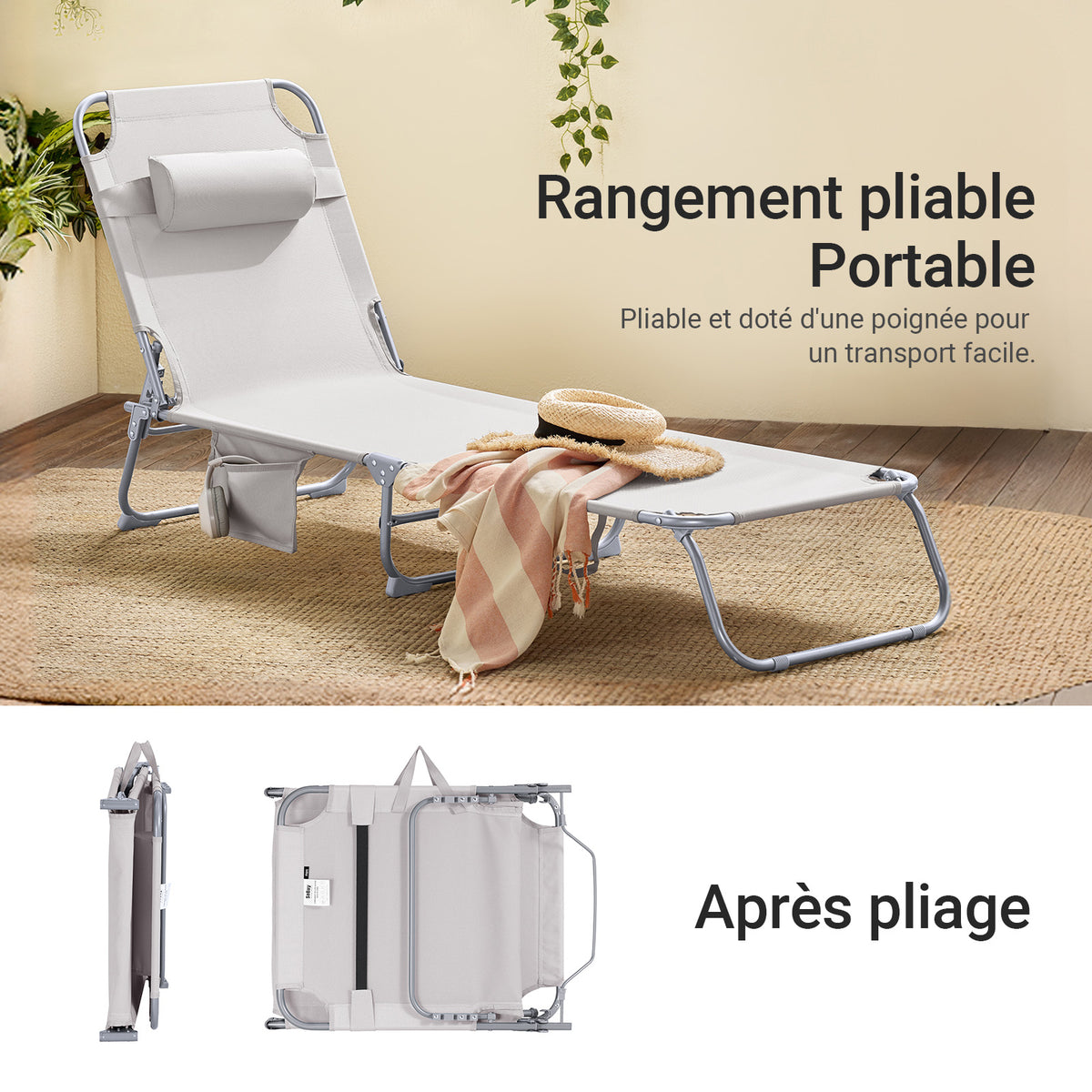 SoBuy OGS35-MIx2 Lot de 2 Transats de Jardin Pliable avec Oreiller et Poche Latérale, Chaise Longue Relax, Design Fonctionnel – L155×P56×H81 cm, Beige