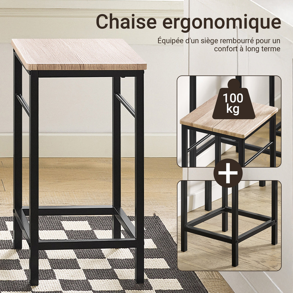 SoBuy OGT10-N Ensemble Table Haute + 2 Tabourets avec Repose-Pieds – L80 × P50 × H87 cm, Naturel