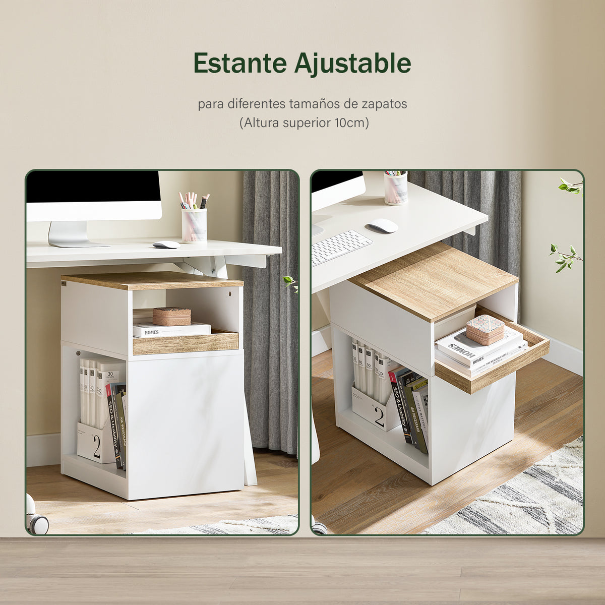 SoBuy ASK08-WN Caisson de Bureau Mobile – 1 Tiroir, 2 Compartiments, Plateau 40×50 cm – 40×50×65 cm, Blanc et Bois
