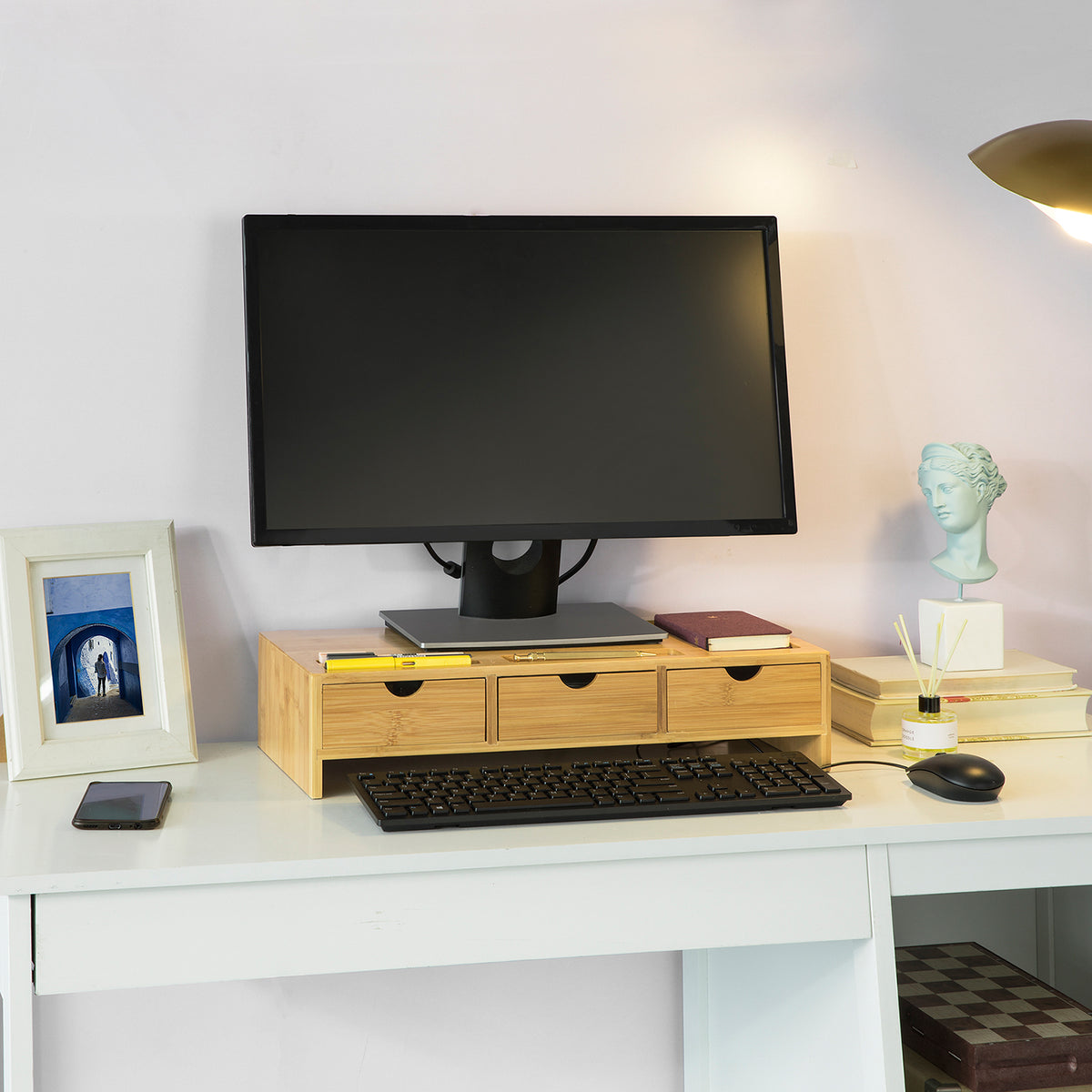Sobuy bbf03-w support de moniteur écran ergonomique support pour écran d' ordinateur universal, ordinateur portable ou écran tv réhausseur d'écran,  blanc - Conforama