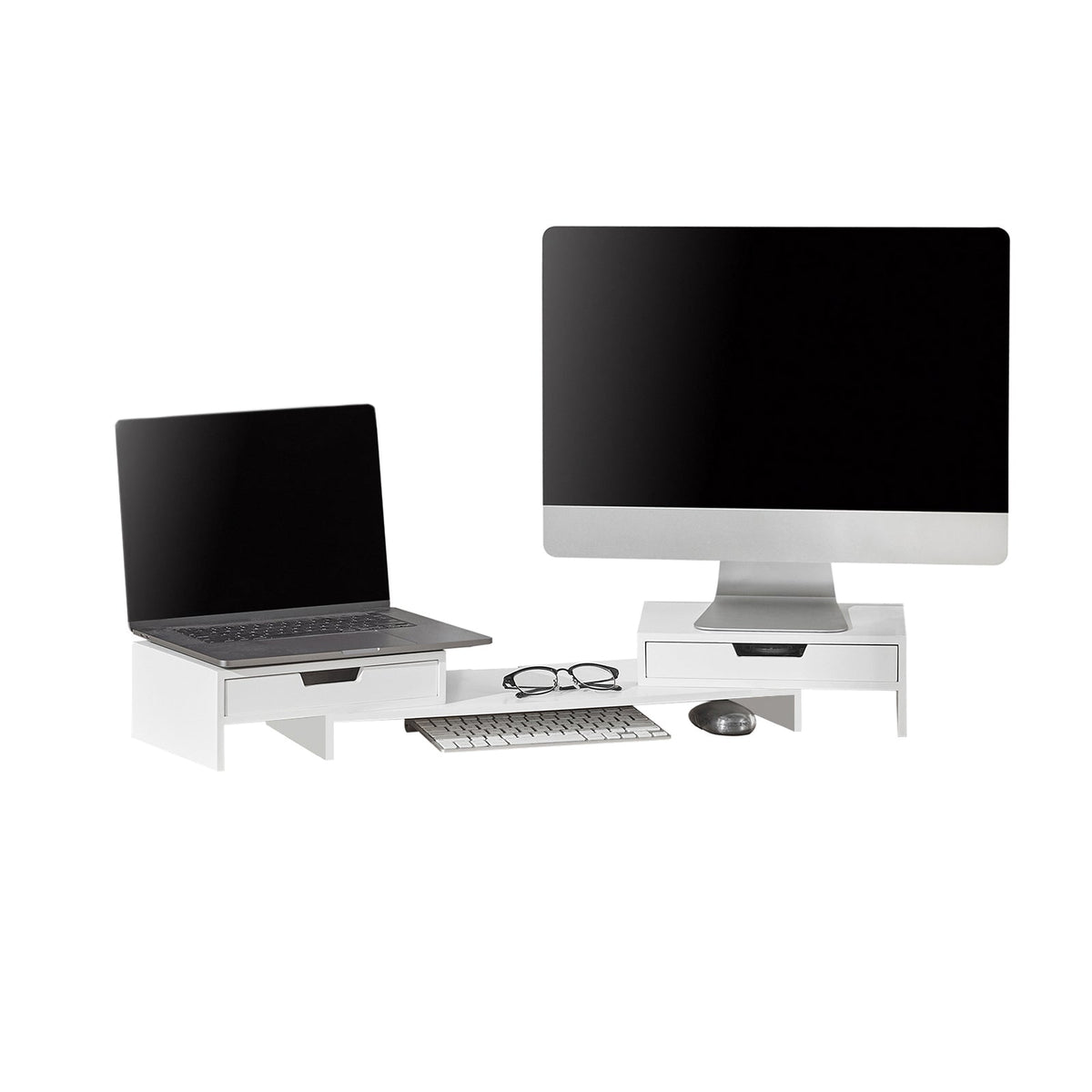 SoBuy BBF04-W Rehausseur Écran PC Bureau avec 2 Tiroirs Support Écran PC Rehausseur Ordinateur Portable Support Moniteur Régl