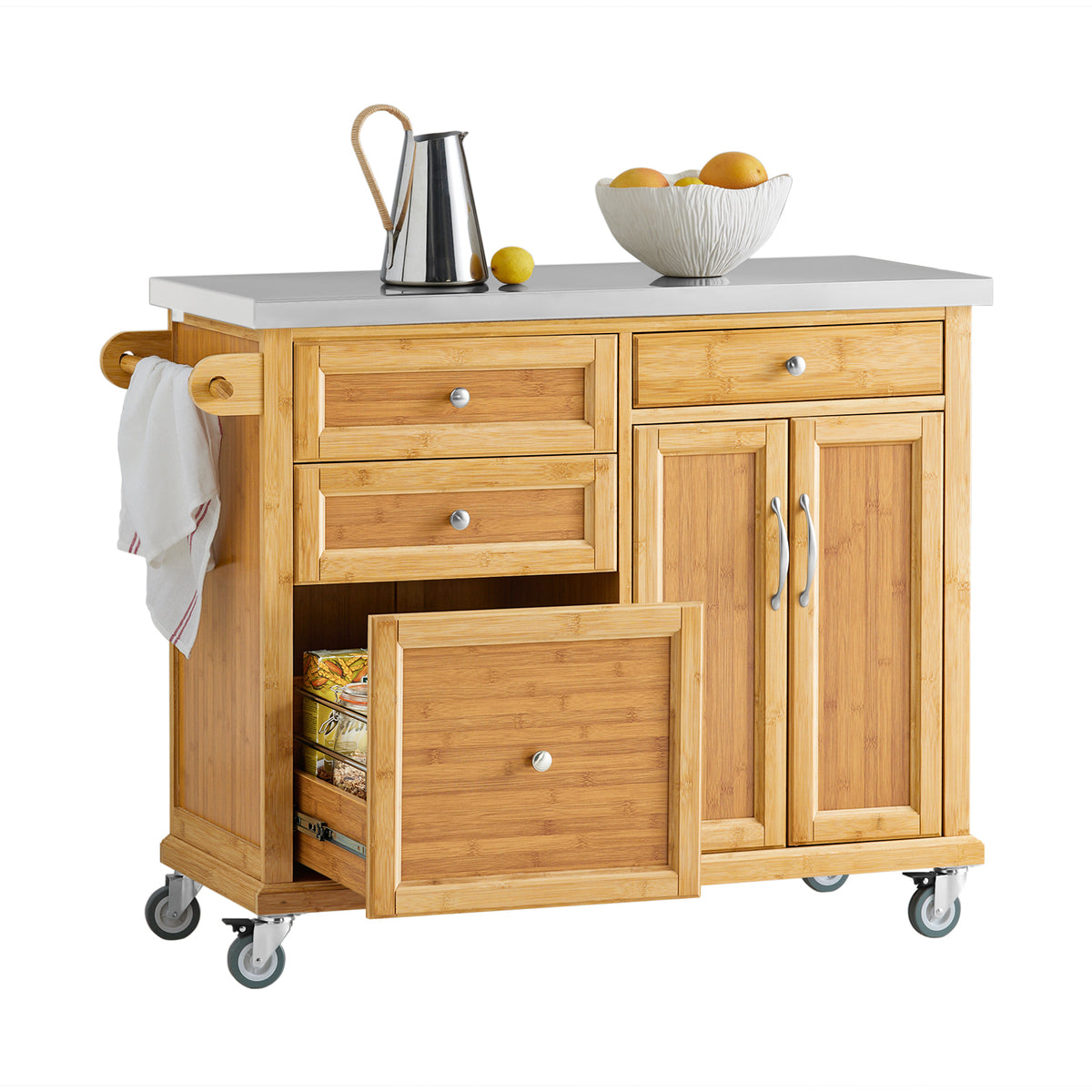 SoBuy FKW70-N Îlot Central de Cuisine sur Roulettes, Plan de Travail INOX, 4 Tiroirs, Chariot Mobile avec Rangement – 115x46x