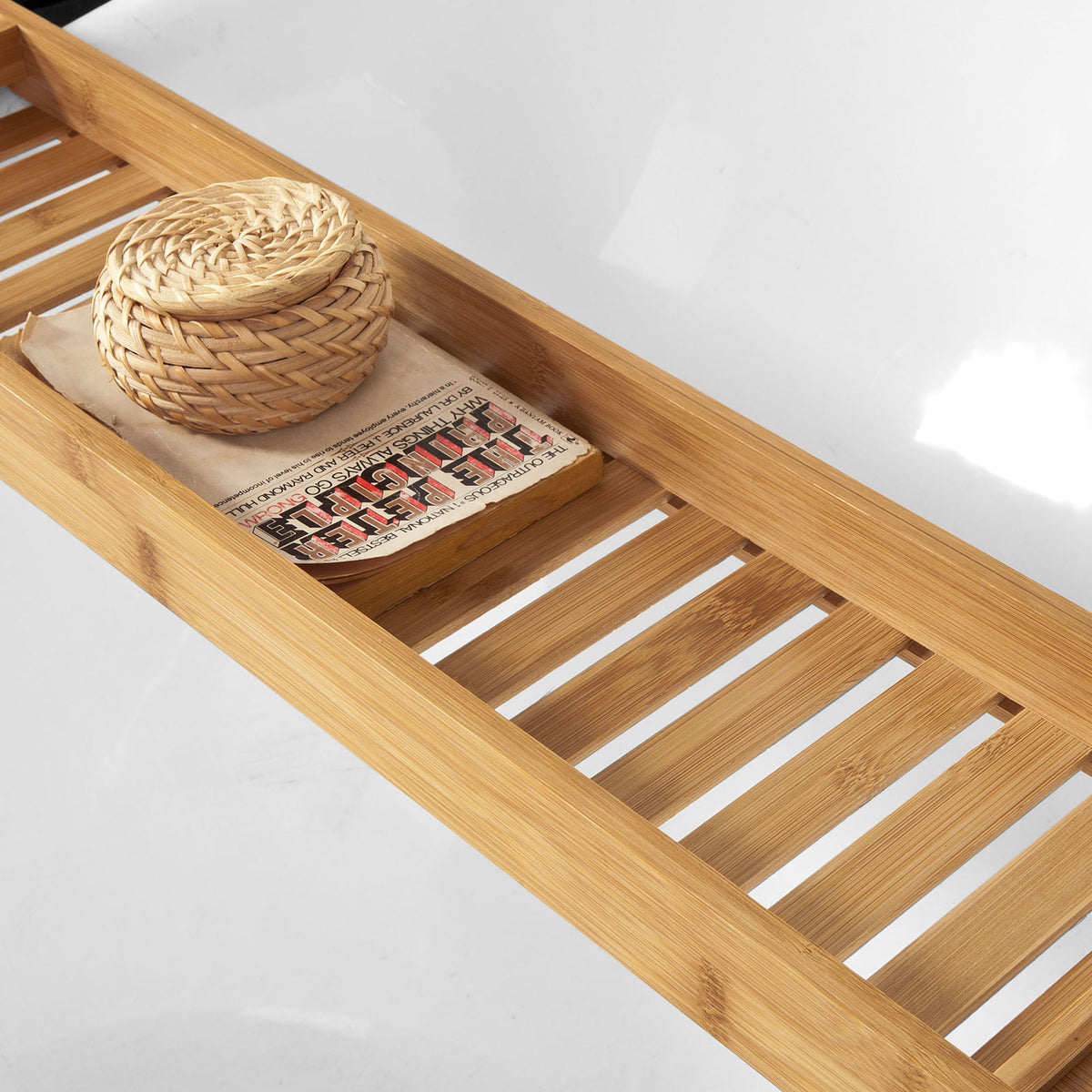 SoBuy FRG212-N Plateau de Baignoire Extra Long et Verni avec Support Verre à Vin et Bougie, Design Fonctionnel, Usage Quotidien, Pratique – Bambou, Naturel