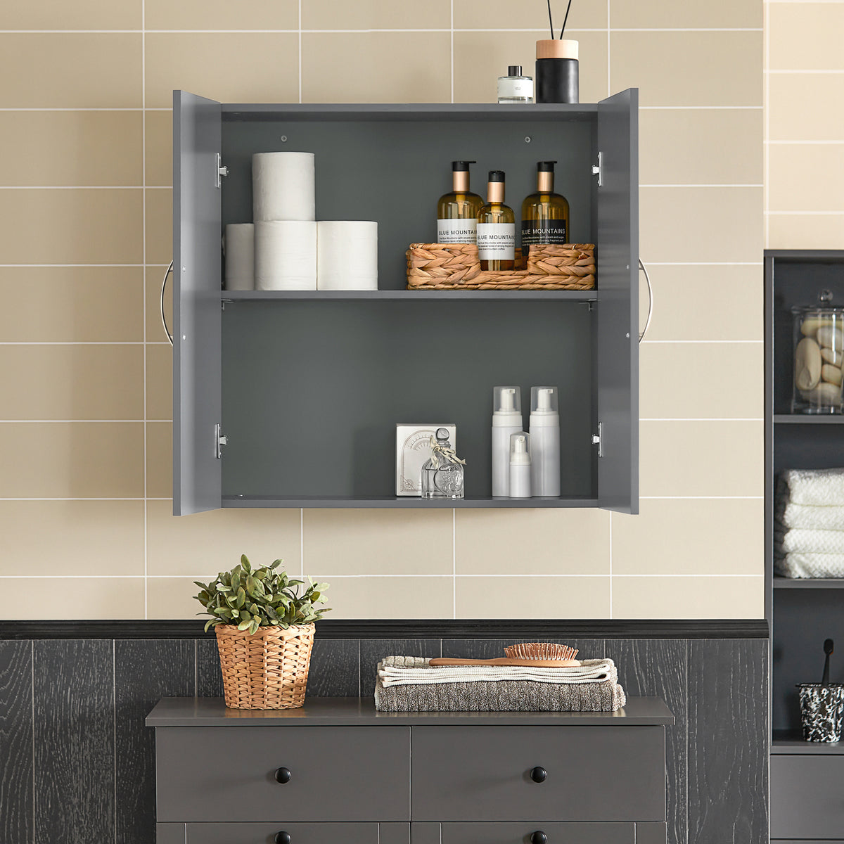 SoBuy FRG231-DG Meuble Haut Salle de Bain Suspendu Armoire Murale avec Étagère Réglable et Porte Rangement Mural Compact pour Salle de Bain, WC ou Cuisine Gris 60x30x60 cm