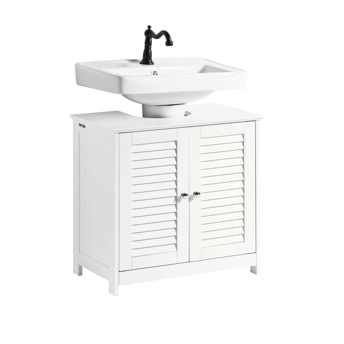 SoBuy FRG237-II-W Meuble Sous Vasque 60 cm avec Porte à Lamelles – Étagère Réglable, Blanc