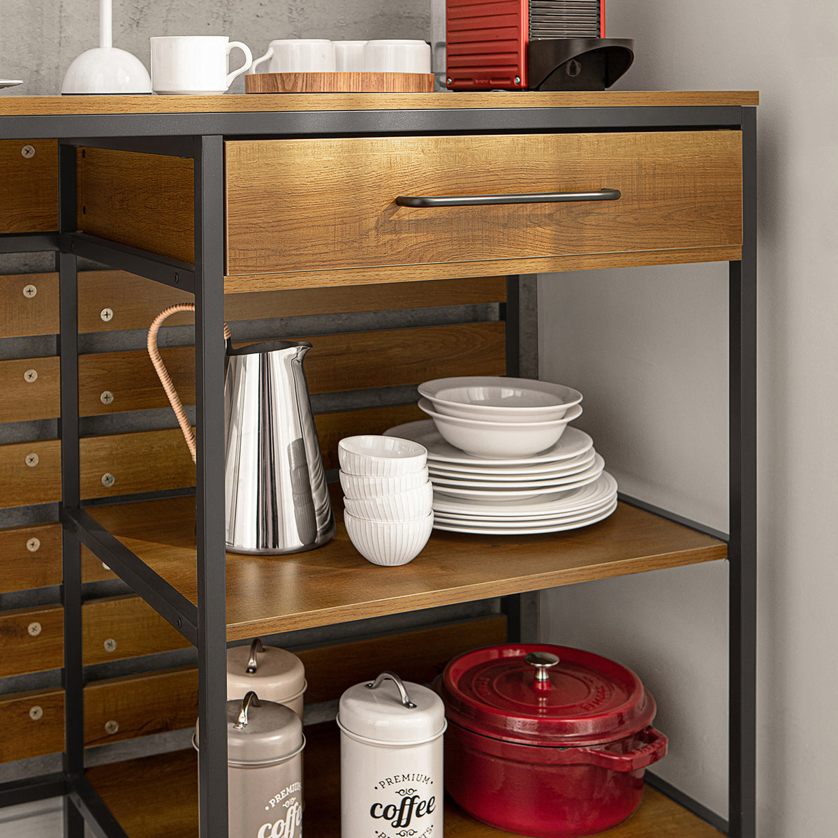 SoBuy FSB71-PF Îlot de Cuisine 120 × 45 × 90 cm, Tiroir, 2 Étagères et Espace Ouvert – Effet Bois et Métal Noir