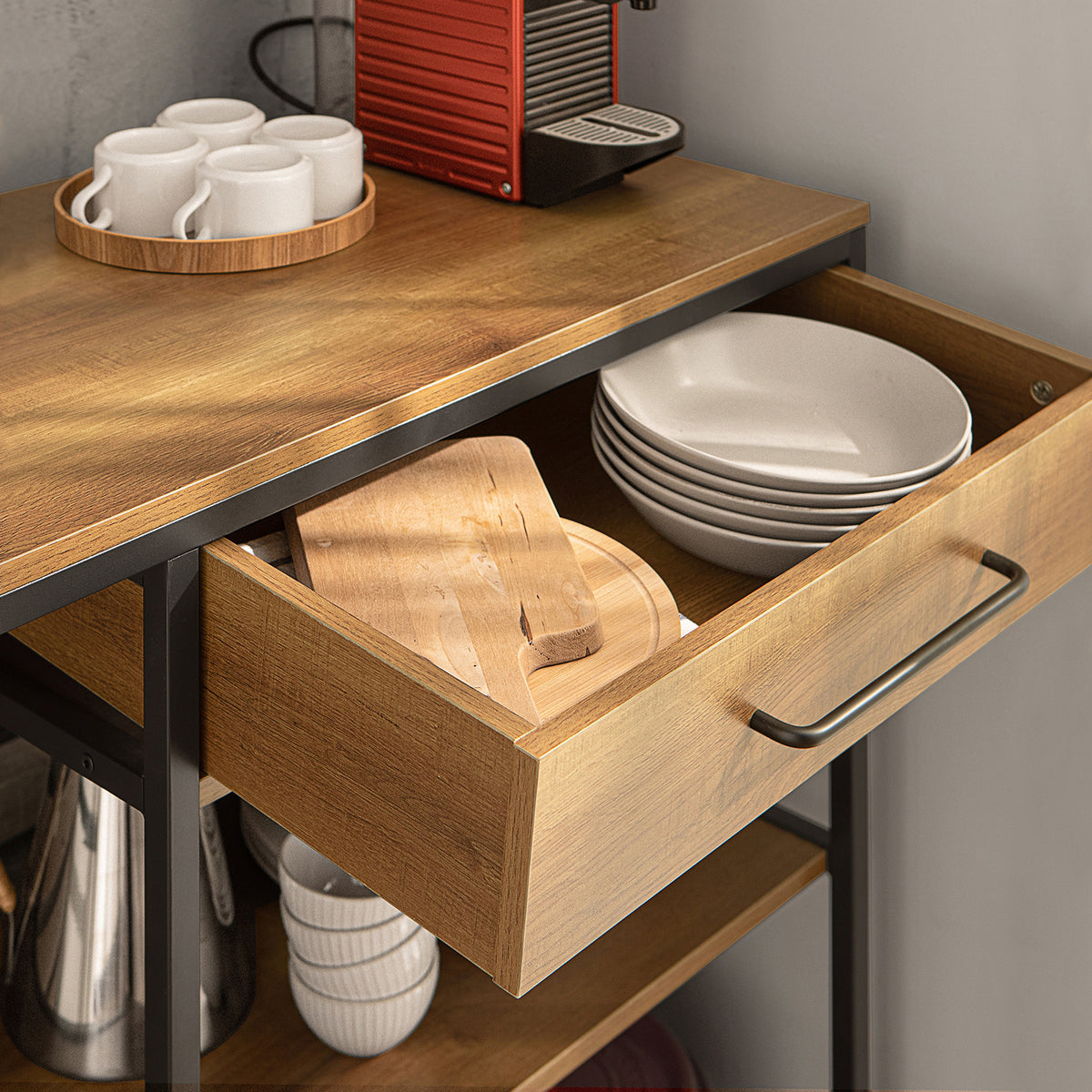 SoBuy FSB71-PF Îlot de Cuisine 120 × 45 × 90 cm, Tiroir, 2 Étagères et Espace Ouvert – Effet Bois et Métal Noir