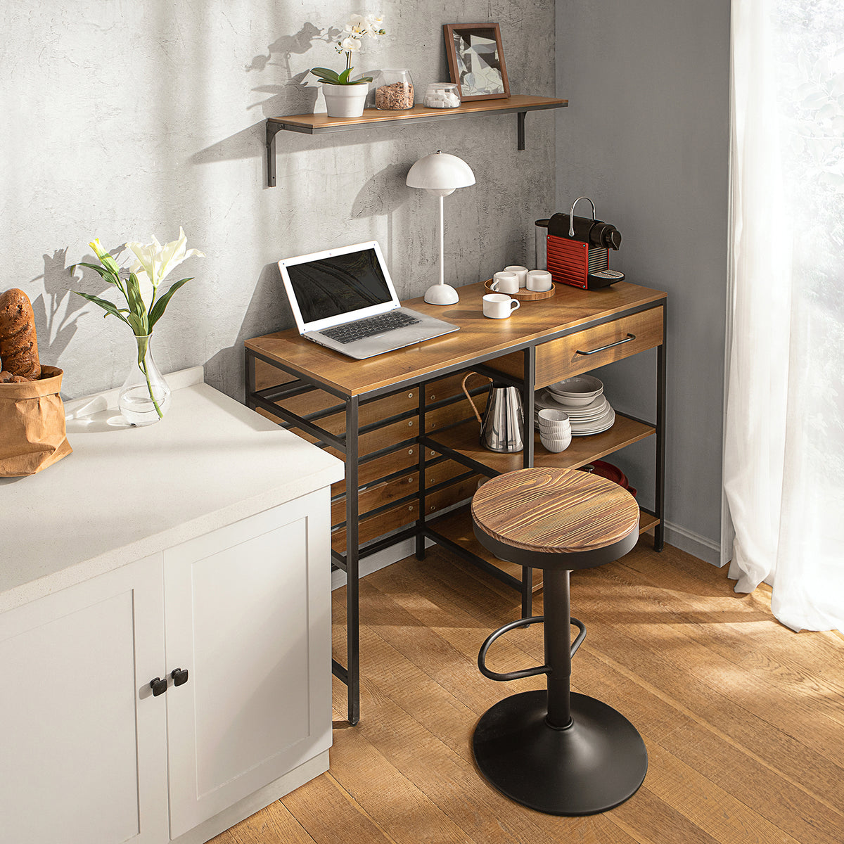 SoBuy FSB71-PF Îlot de Cuisine 120 × 45 × 90 cm, Tiroir, 2 Étagères et Espace Ouvert – Effet Bois et Métal Noir