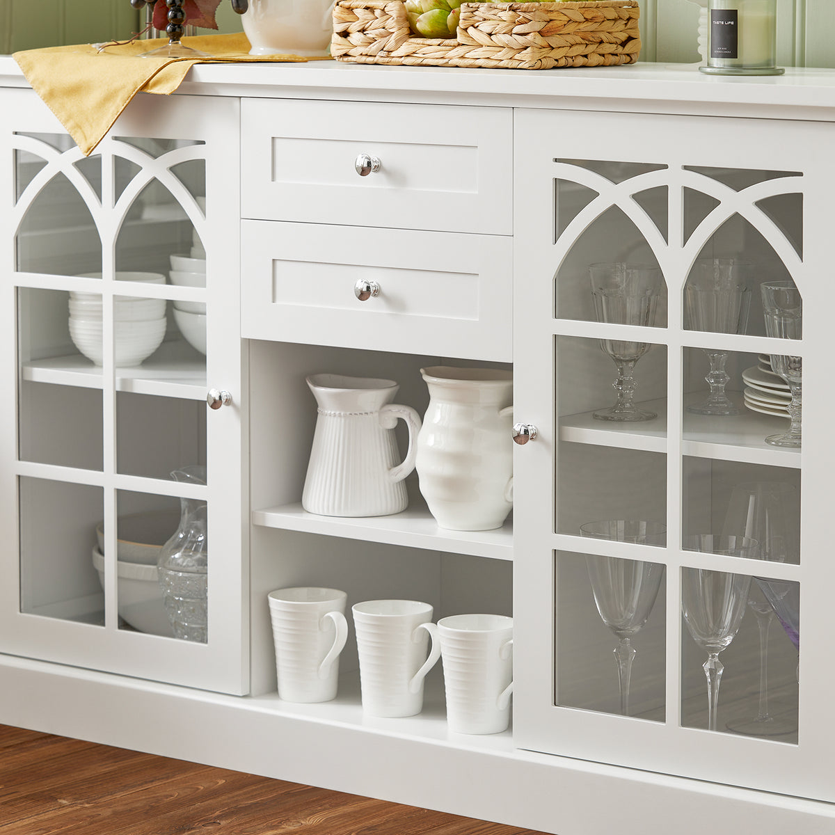 SoBuy FSB79-W Buffet Cuisine avec 2 Portes Vitrées, 2 Tiroirs et 2 Compartiments, pour Cuisine et Salle à Manger, Rangement Optimisé – L120×P39×H78 cm, Blanc