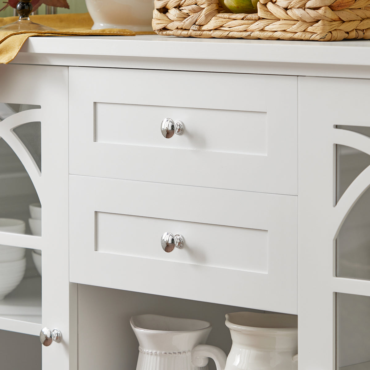 SoBuy FSB79-W Buffet Cuisine avec 2 Portes Vitrées, 2 Tiroirs et 2 Compartiments, pour Cuisine et Salle à Manger, Rangement Optimisé – L120×P39×H78 cm, Blanc