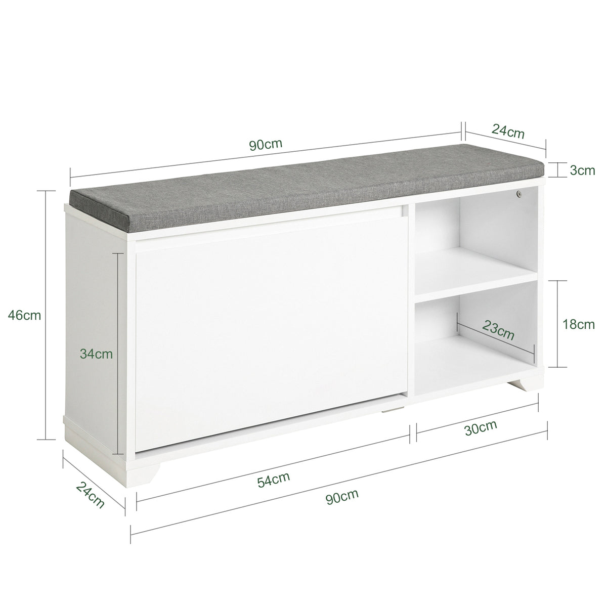 SoBuy FSR119-W Banc à Chaussures avec Coussin Rembourré, 1 Abattant et 2 Compartiments Ouverts pour Entrée – 90x24x46 cm, Blanc