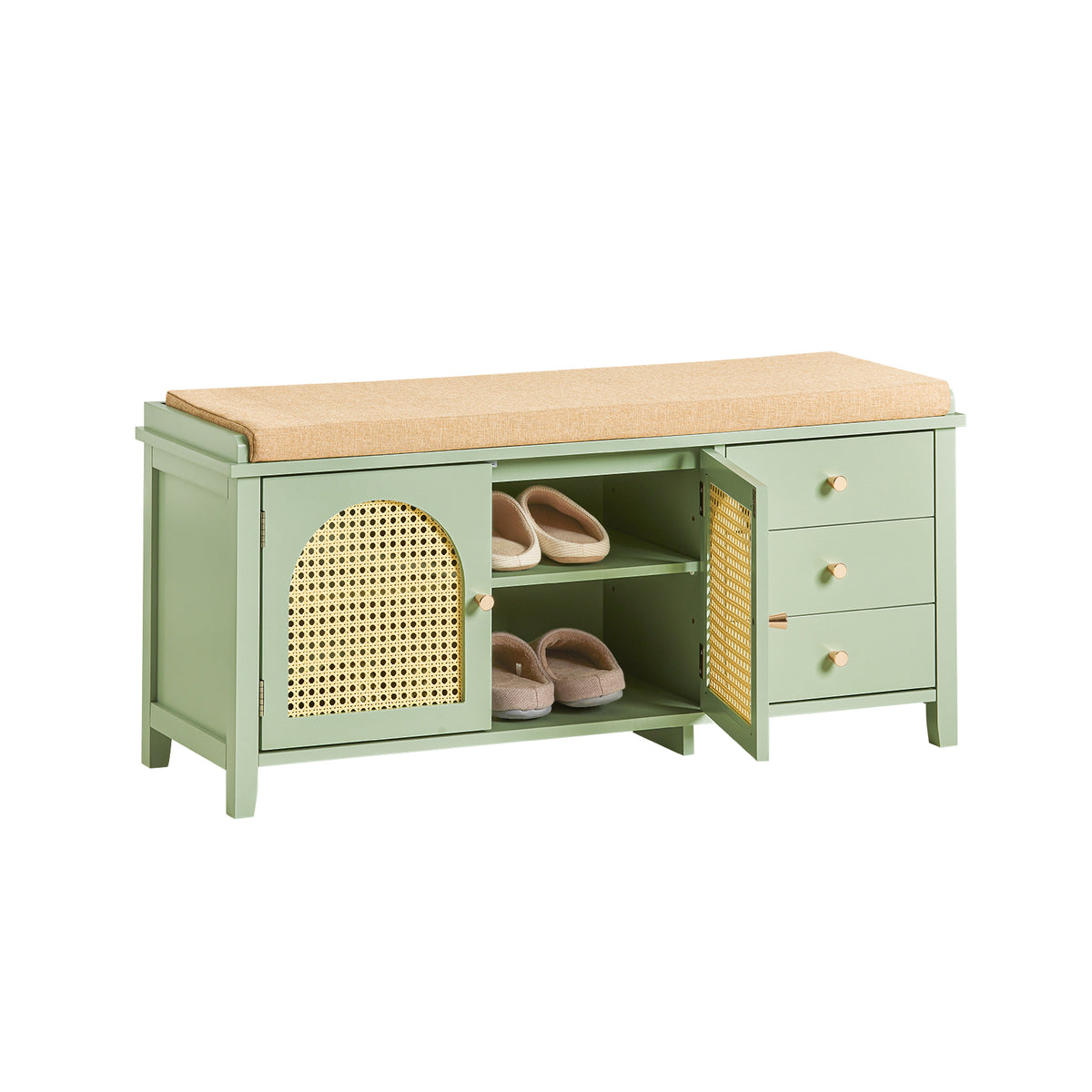 SoBuy FSR129-GR Banc à Chaussures Coussin Rembourré, 3 Tiroirs, 2 Portes Grille Ventilées, 150 kg – L100 × P34 × H46 cm, Vert