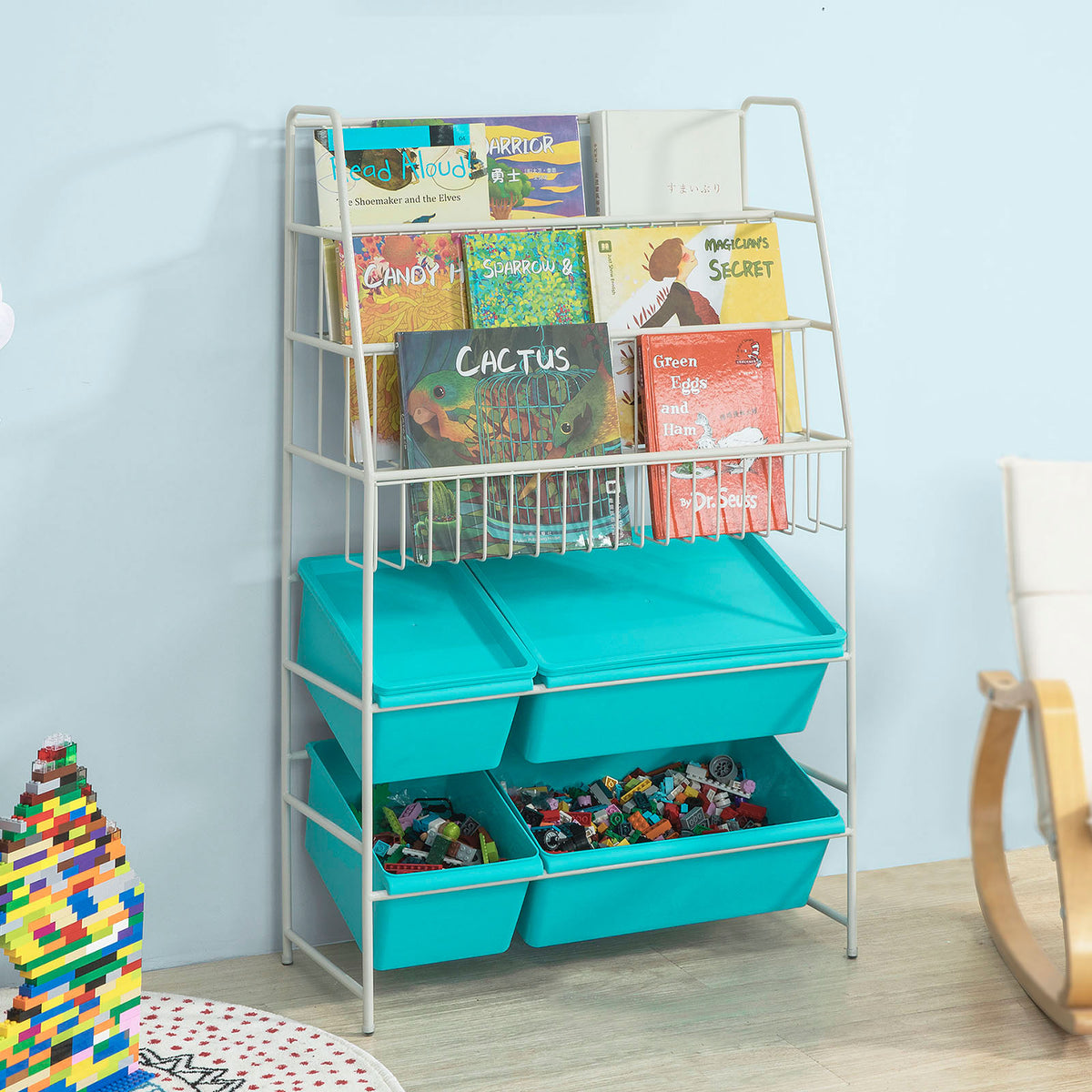 SoBuy KMB07-B Bibliothèque + Coffre de Rangement Coffre à Jouets Étagère à Livres pour Enfants