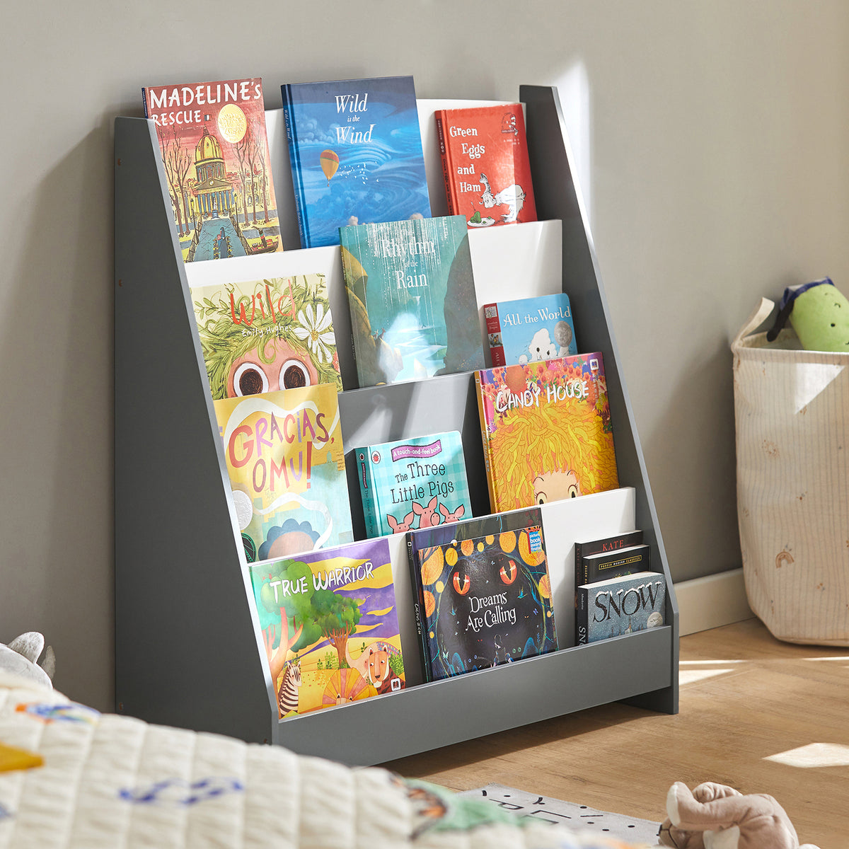 SoBuy KMB32-HG Bibliothèque Enfant Grise – 4 Compartiments Ouverts, 80 × 30 × 88 cm