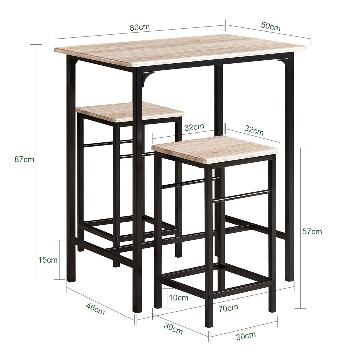 SoBuy OGT10-N Ensemble Table Haute + 2 Tabourets avec Repose-Pieds – L80 × P50 × H87 cm, Naturel