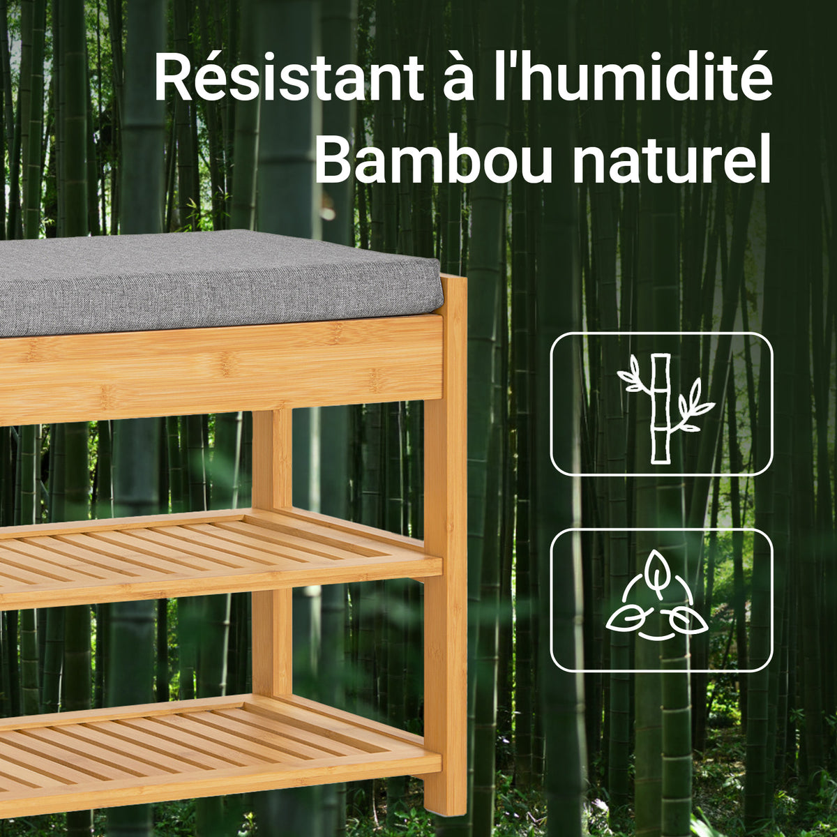 SoBuy FSR49-N Banc à Chaussures en Bambou Massif avec Coussin 8 cm, 2 Étagères et Tiroir – Charge 150 kg – Naturel