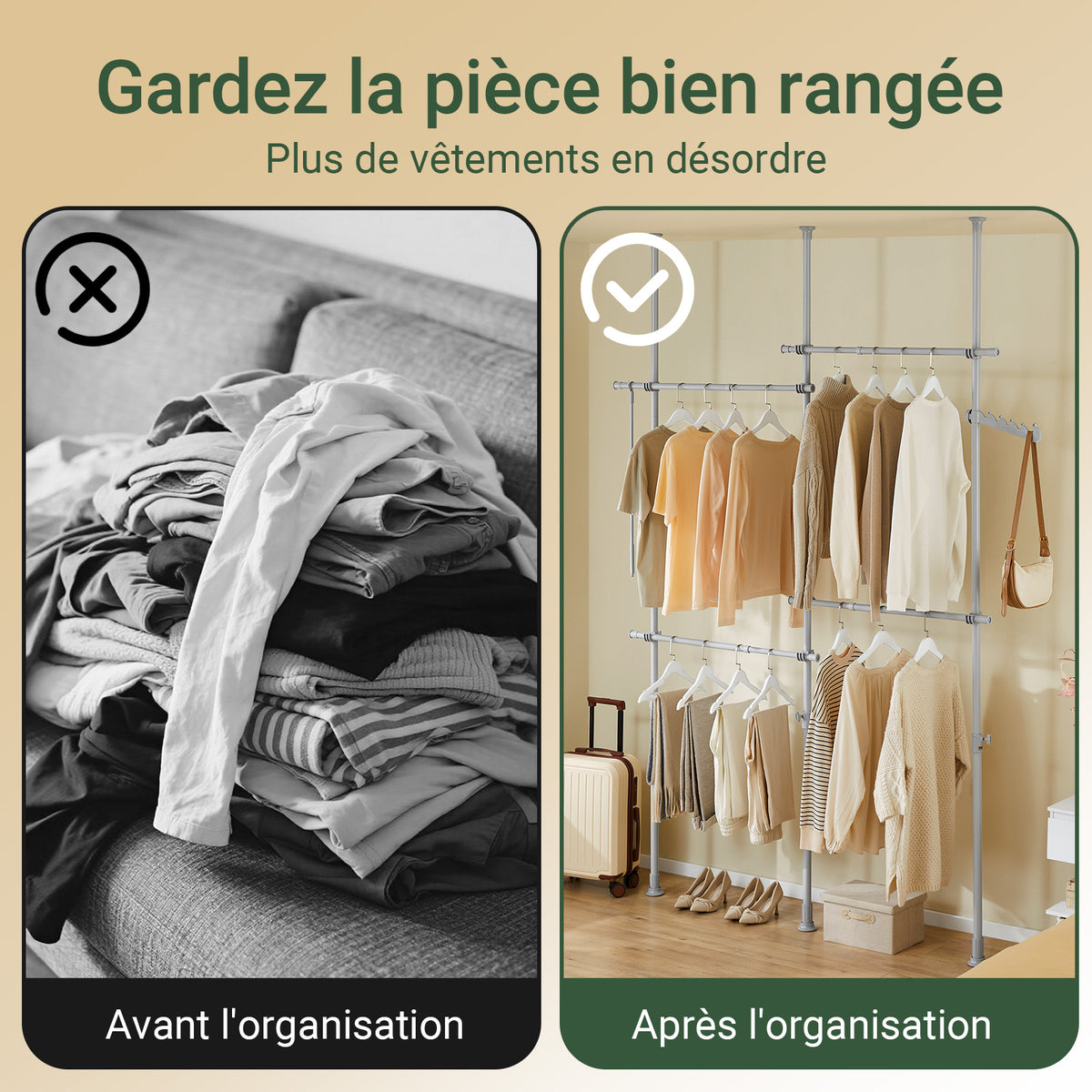 SoBuy KLS03-II-HG Portant à vêtements télescopique robuste – Penderie ouverte réglable avec tringles pour chambre/dressing, Gris